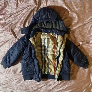 Burberry Kids Navy Puffer Coat with Check Interior